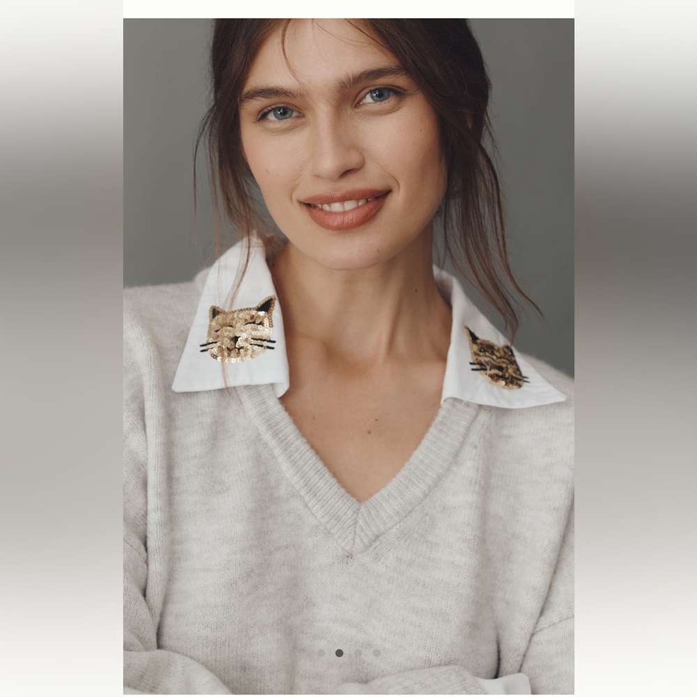 NWT Maeve Embroidered Cat Design Collared V Neck Sweater
Size XS or S